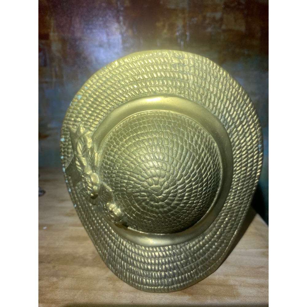 Vintage Solid Brass Sun Hat Bookends Woven Floral Straw Hat Decor Pair Heavy - Picture 3 of 7